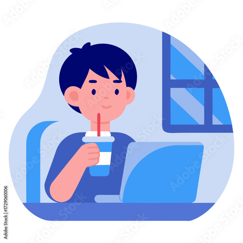 Asian teenager sipping from a straw while using a laptop indoors  