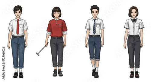Students in diverse outfits standing together, representing the student's style, expressing variety and difference. They are ready to start their student life Vector illustration