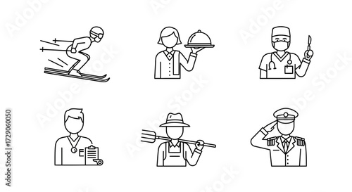 Various professions represented in line art. A skier, waiter, surgeon, doctor, farmer, and military personnel showcased in monochromatic illustration. Vector illustration