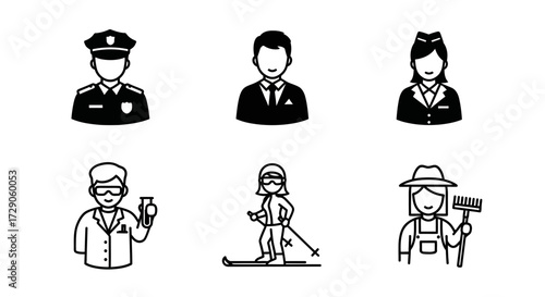 A collection of six different profession icons, each representing diverse career paths and roles. The clean black and white lines offer versatility.  Vector illustration