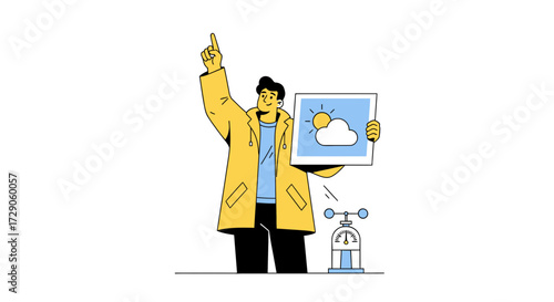 A person is showing a weather forecast about sunshine and clouds while wearing a yellow coat Vector illustration