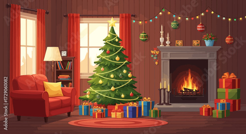 Festive holiday living room scene with a decorated Christmas tree and cozy fireplace