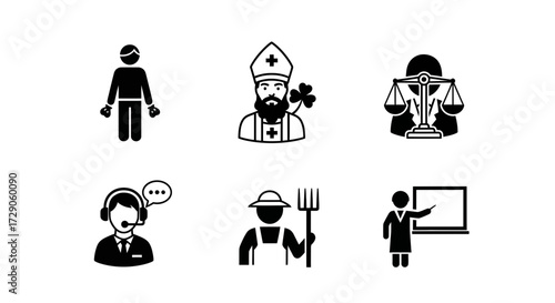 A set of various profession icons, including a prisoner, priest, lawyer, call center agent, farmer, and teacher. These icons showcase a variety of professions and roles in society Vector illustration