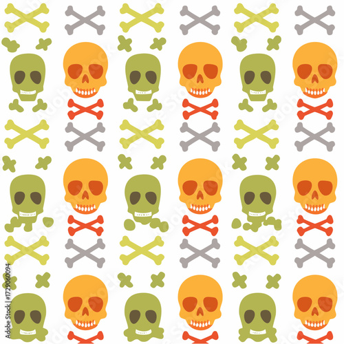 Stylized seamless background illustration featuring a repeating pattern of colorful skulls and crossbones for Halloween or pirate themes