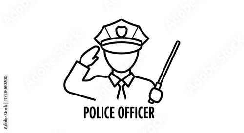 Line drawing of a police officer saluting. The police officer is depicted in a clean, modern line drawing style, saluting with a baton in hand Vector illustration