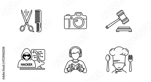 A collection of diverse icons representing various professions, hobbies, and tools, suitable for web design or graphic projects Vector illustration