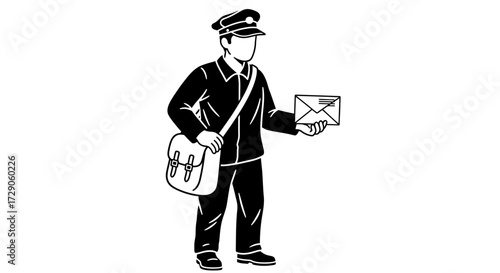 A vintage illustration of a postman in uniform, delivering a letter. He is holding a letter in his hand and wearing a messenger bag Vector illustration