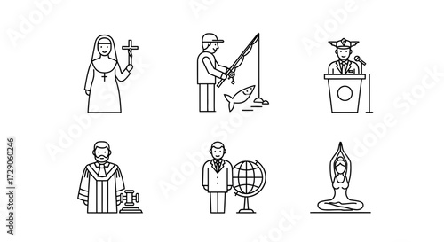 Line art icons depicting various aspects of life, including religion, leisure, and professions. Each icon represents a distinct activity or role Vector illustration