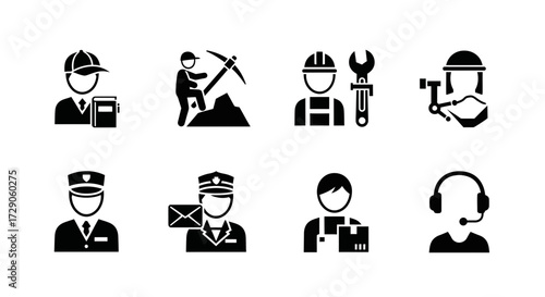 A collection of professional silhouette icons, representing various occupations and careers Vector illustration