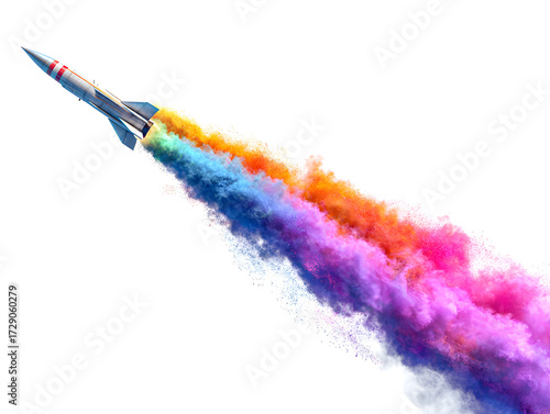 Rocket Launching with a Trail of Vibrant Rainbow-Colored Powder Against a Clean White Background