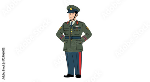 A commanding illustration of a uniformed soldier, standing at attention. He's wearing a distinguished uniform Vector illustration