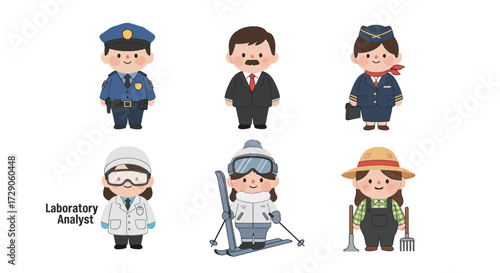 Six diverse cartoon characters representing various occupations, each in their work attire Vector illustration