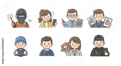 Diverse illustrations showcasing various occupations, including a welder, professional, and realtor Vector illustration