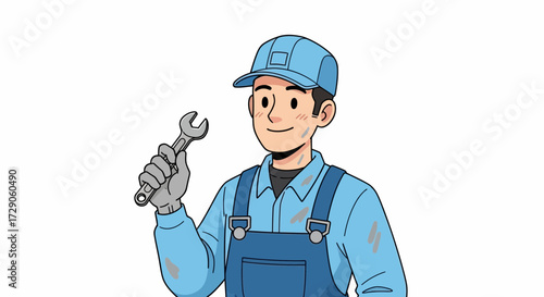 A smiling mechanic holding a wrench, ready for work. He is wearing work clothes and a cap. Vector illustration