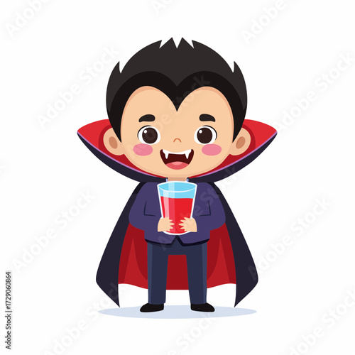 Cute cartoon vampire boy in a cape holding a glass of red drink. Adorable Halloween character illustration isolated on a white background