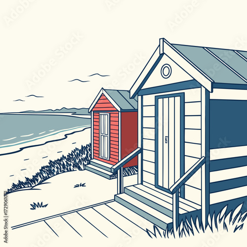 Charming beach huts with a view of the ocean and coastline on a bright day