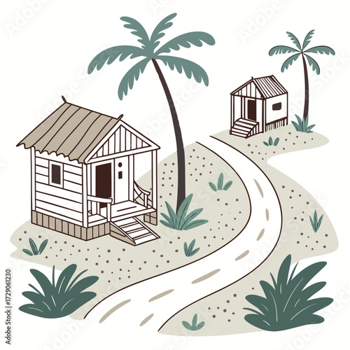 Charming hand drawn illustration of two tropical huts nestled amongst palm trees and lush vegetation with a winding path