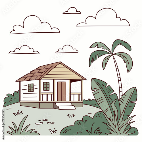 Charming hand drawn illustration of a tropical hut with a palm tree and clouds in the sky