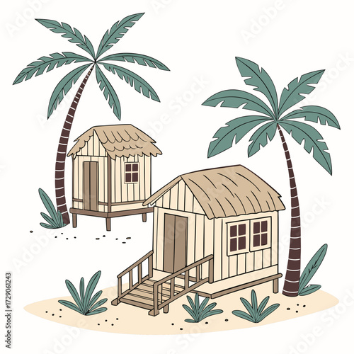 Charming hand drawn illustration of two stilted tropical huts with thatched roofs and palm trees on a sandy beach