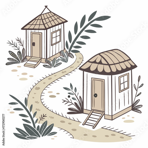 Charming illustration of two quaint huts with thatched roofs and a winding path through natural foliage