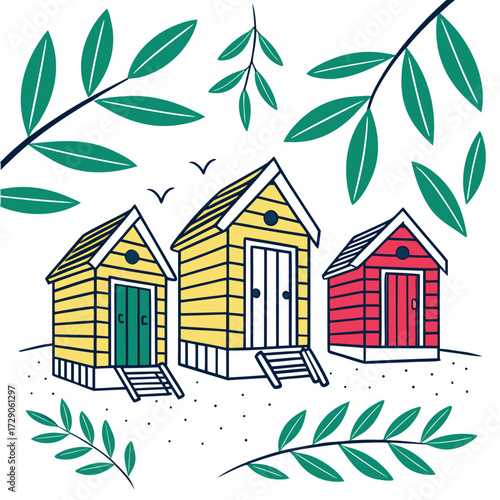 Charming row of colorful beach huts with green foliage and birds flying overhead