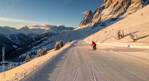 Solo skier enjoying scenic mountain slope.