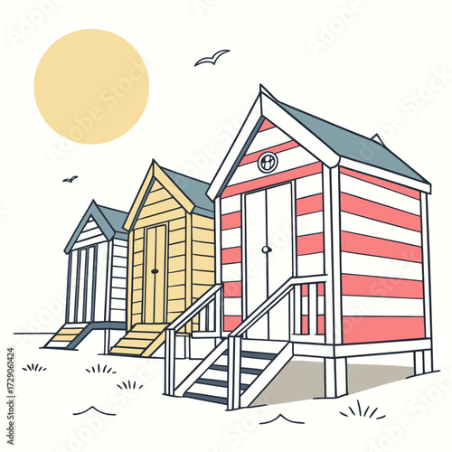 Colorful beach huts lined up on a sandy shore under a bright yellow sun and blue sky with seagulls flying overhead