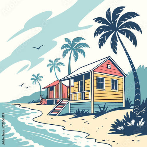 Colorful beach huts with palm trees and ocean waves under a cloudy sky