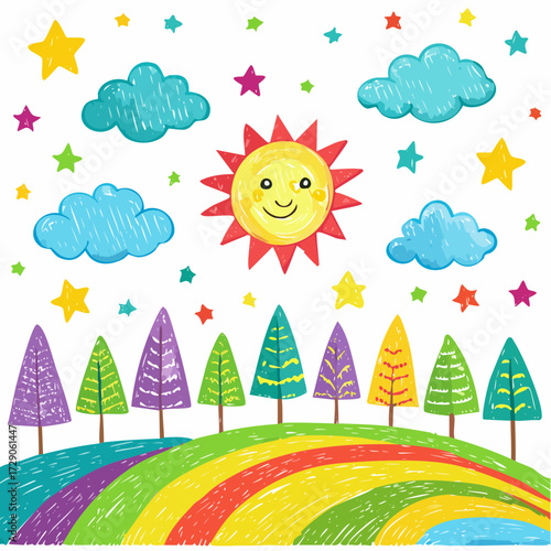 Joyful kids' art doodle of a bright summer day with a smiling sun, blue clouds, stars, and colorful trees on a rainbow hill