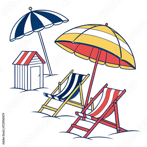 Colorful beach scene with striped deck chairs umbrellas and a small beach hut on white sand