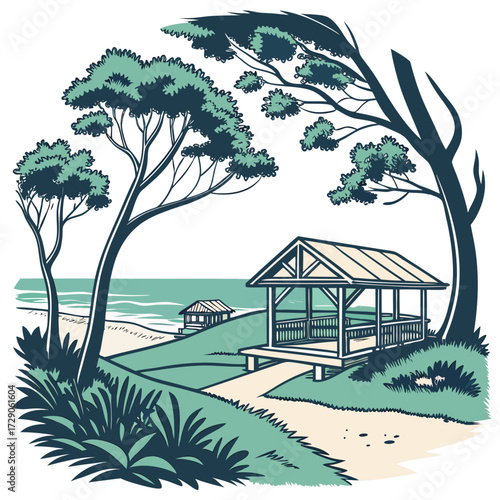 Serene coastal landscape with trees and gazebos overlooking the ocean on a sunny day