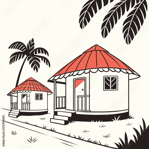 Stylized illustration of two tropical huts with red roofs and palm trees under a bright sky