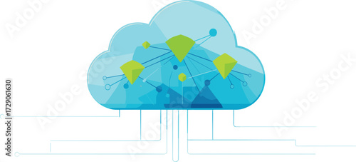 Cloud computing concept, data connectivity, abstract network, cloud infrastructure, digital storage, geometric design, scalable system, technology integration, innovation, futuristic illustration