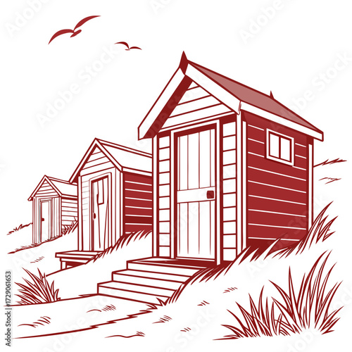 Three charming red beach huts nestled on a grassy dune with two birds flying overhead