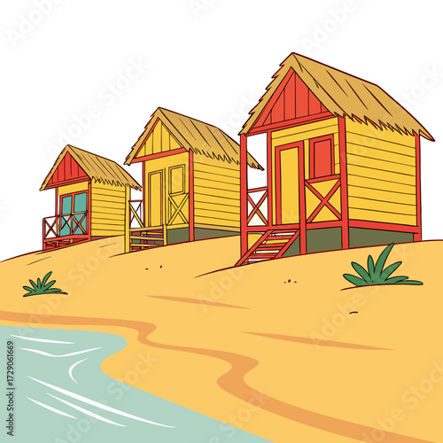 Three colorful tropical beach huts with thatched roofs stand on a sandy shore beside the ocean