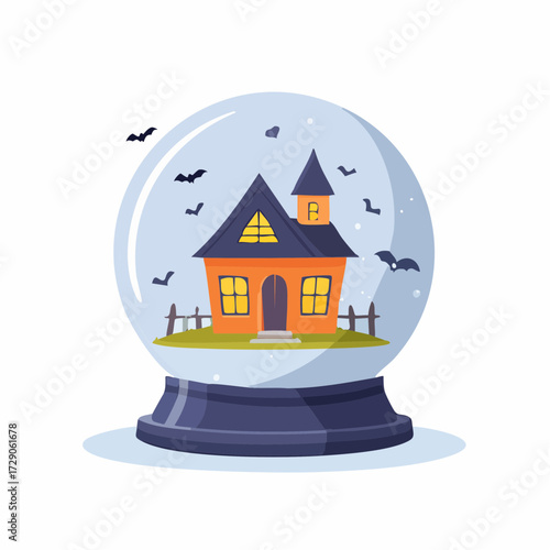 Spooky haunted house with flying bats inside a magical crystal ball, a Halloween souvenir vector illustration