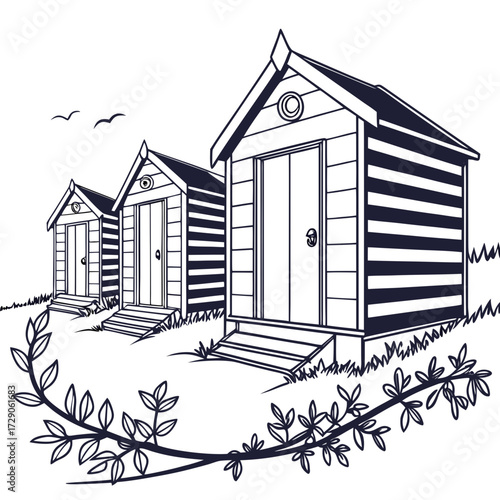 Three traditional striped beach huts lined up on a grassy dune with a decorative vine in the foreground
