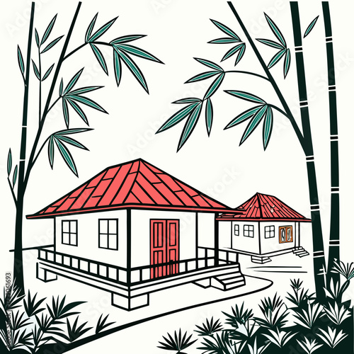 Traditional southeast asian houses surrounded by lush bamboo forest and tropical plants