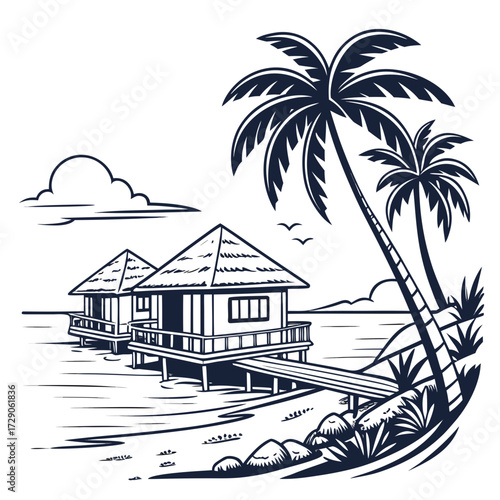 Tropical island paradise with overwater bungalows and palm trees on a serene ocean shoreline