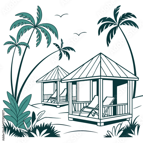 Tropical paradise scene with two open air cabanas and lounge chairs under palm trees