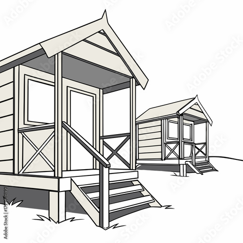 Two charming wooden beach huts with steps and porches on a grassy dune under a white sky