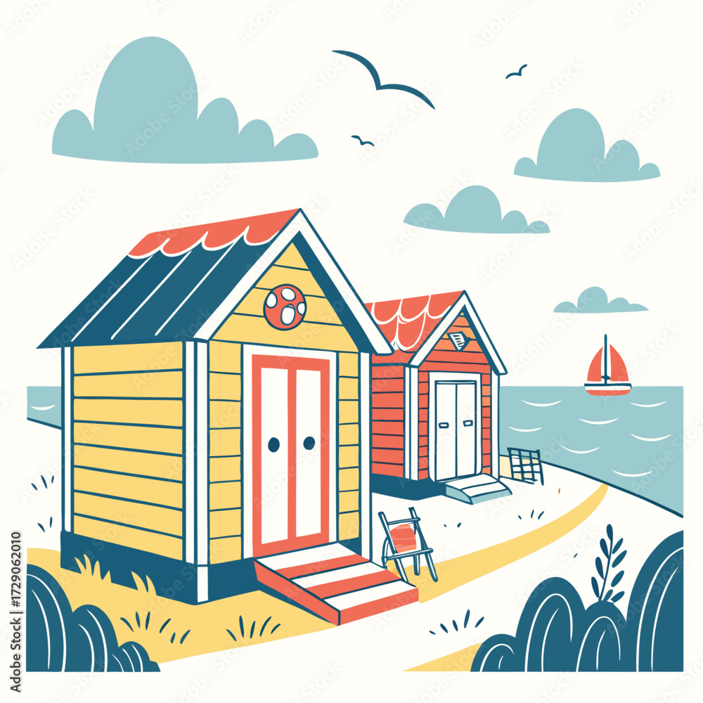 Naklejka premium Charming beach huts with colorful roofs sit on a sandy shore beside the ocean with a sailboat