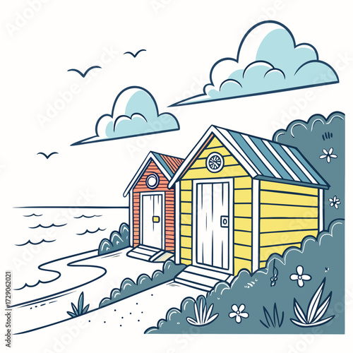 Charming beach huts on a sunny day with blue sky and gentle waves