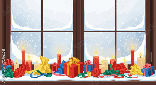 Festive holiday window display with snowfall and gifts, celebrating joy and peace indoors with