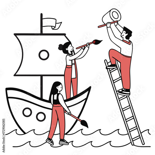 Diverse team of people painting a ship on the water symbolizing teamwork and creative project development