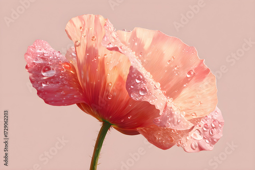 Delicate pink poppy petal adorned with sparkling water droplets, soft pastel background