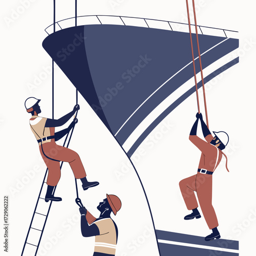 Maritime workers in protective gear ascend a large ship hull using ropes and ladders for maintenance