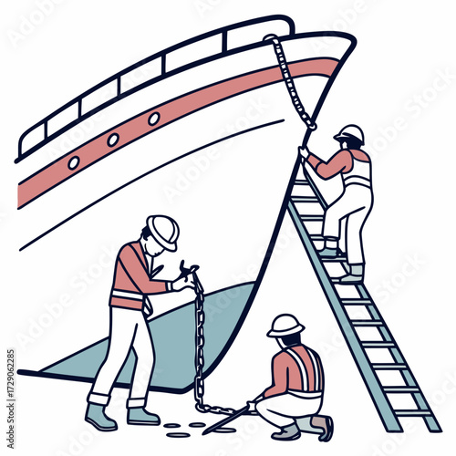 Shipyard workers in hard hats and safety vests performing maintenance on a large ship hull with chains and ladders