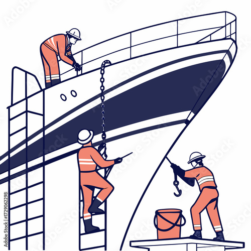 Shipyard workers in orange uniforms and hard hats performing maintenance and repairs on a large vessel