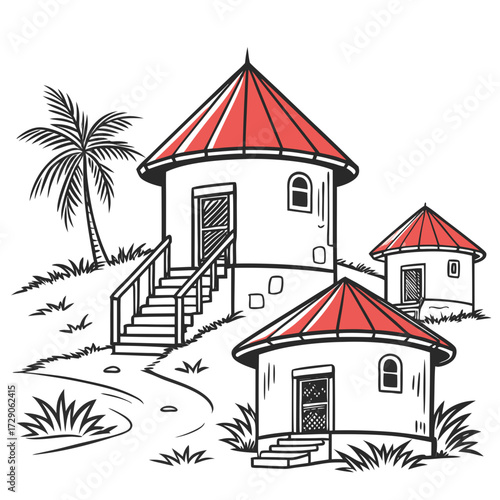 Traditional african huts with red conical roofs and a palm tree on a grassy hill